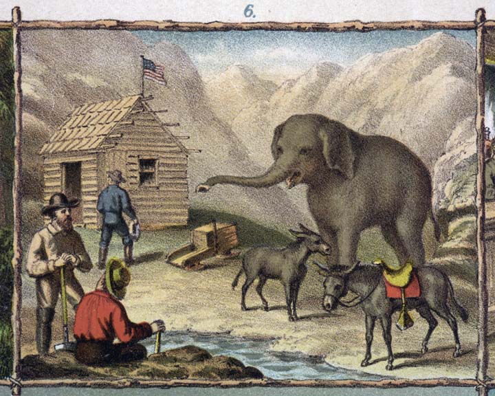 Three miners near a stream, outside a small wood cabin, with two donkeys and a large elephant that no one is looking at.