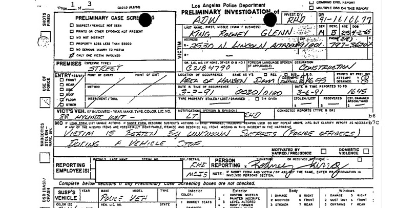 The first page of the Los Angeles Police Department report on the preliminary investigation of the Rodney King arrest. Source [FBI - https://vault.fbi.gov/rodney-king/rodney-king-part-24-of-24/view]