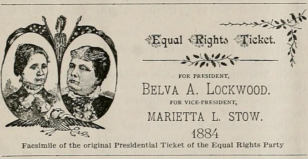 Shows portraits of two women and candidate information for the 1884 Equal Rights Ticket