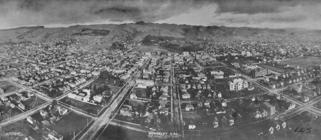 aerial view of city in distance Berkeley 1908