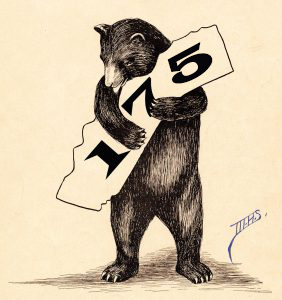 A black and white line art drawing of a bear hugging the outline of the state of California with the number 175 printed on the State.