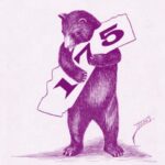 A purple version of the black and white line art drawing of a bear hugging the outline of the state of California with the number 175 printed on the State.