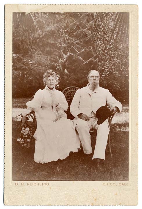 elderly couple, John and Annie Bidwell, in garden