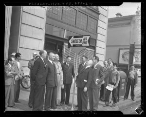 Los Angeles Mayor Fletcher Bowron with other city officials at air raid shelter dedication in 1942. Credit: Los Angeles Daily News Negatives. Department of Special Collections, Charles E. Young Research Library, University of California at Los Angeles.