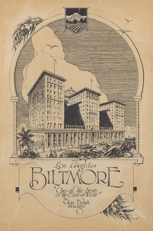 Pen & ink drawing of the Los Angeles Biltmore Hotel; trolly car and automobiles in front with people on the sidewalk. Small inset at top, mountain and orchard; cloud behind the hotel.