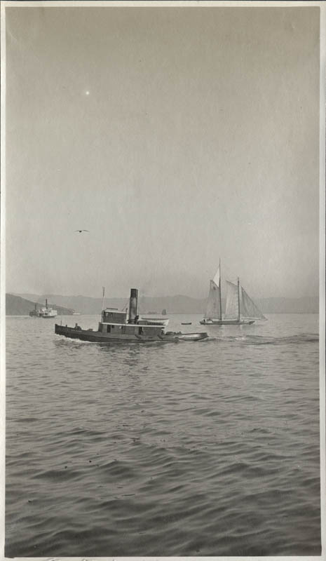 View of the tug boat Sea Lark passing a small sailboat on the Bay