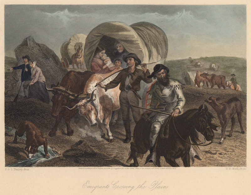 Shows oxen-drawn covered wagons, men on horseback, oxen and a dog crossing the plains.