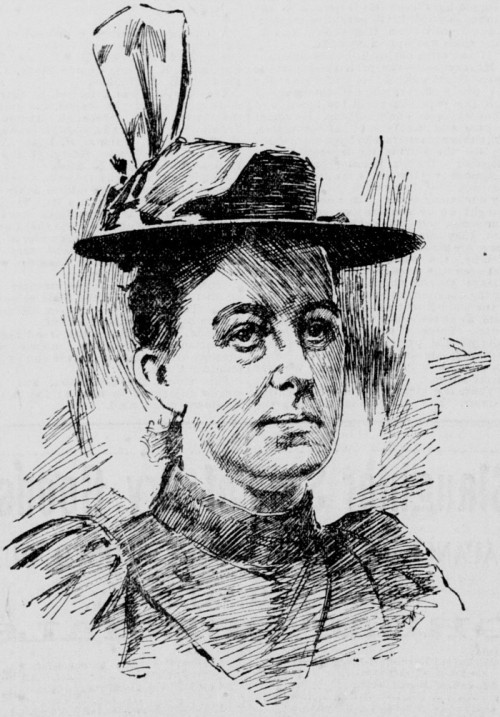 Line drawing of Eliza thorrold with hat and upright bow, and high collared dress.