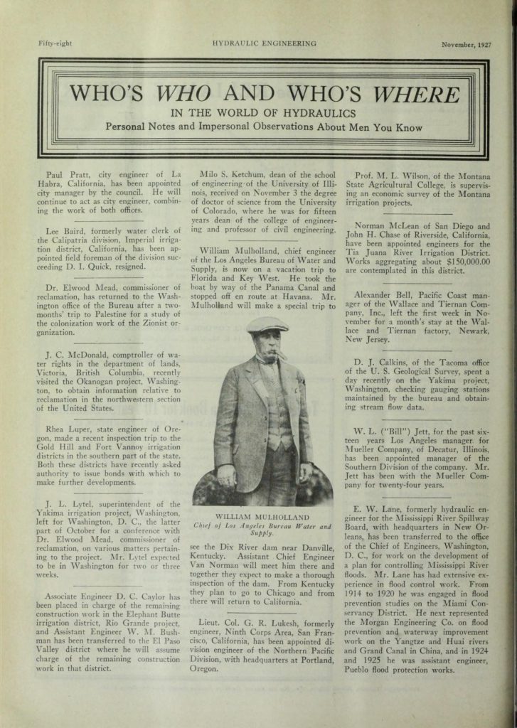 Article titled Who's Who and Who's where in the world of Hydraulics, with a picture of William Mulholland in the center of the page