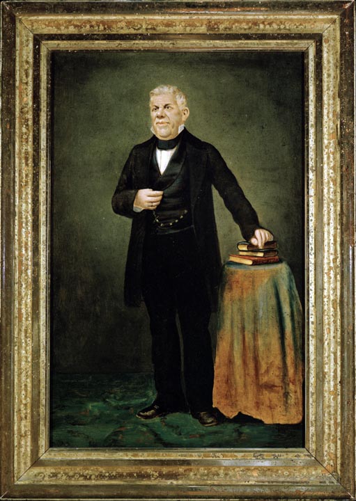 Photographic reproductions of oil painting of Pio Pico standing next to a draped table with his hand on books.