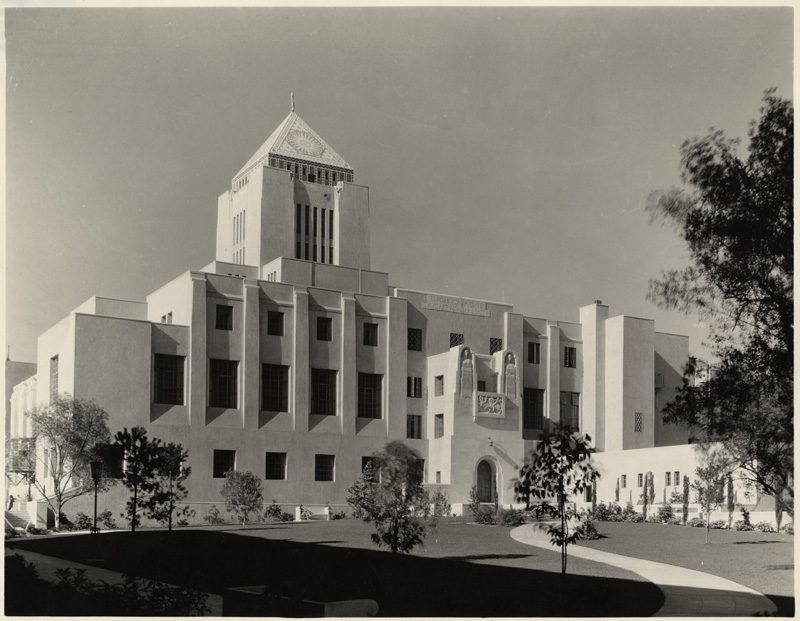 Shows the exterior of the Los Angeles Public library