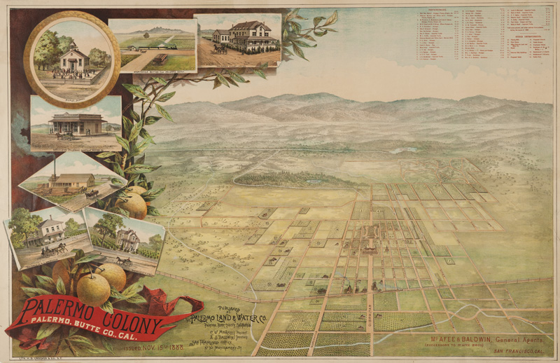 Bird's-eye view of Palermo and surrounding countryside with 7 detailed illustrations on the left; numbers on birds-eye view correspond to a list of locations in upper right corner of the print; issued Nov. 15th 1888.