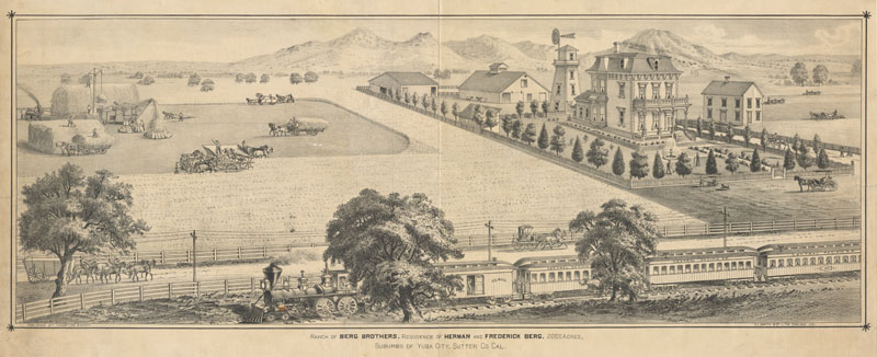 View of Berg brothers ranch with Sutter Buttes in the background, Central Pacific railroad train in foreground. Shows horse-drawn wagon and carriage on the road in front of the ranch; men harvesting hay at left, house, barn, and other buildings at right.