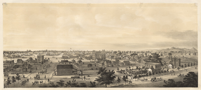 Panorama view of Marysville from 7th and C Streets; Cortez Square at 6th and C Streets, loading area to the mines (left, center); D Street to the right, passes by the courthouse (center); stagecoaches, horse drawn wagons and carriages, pack animals, horses, and people in streets; Sutter Buttes in the background at right.