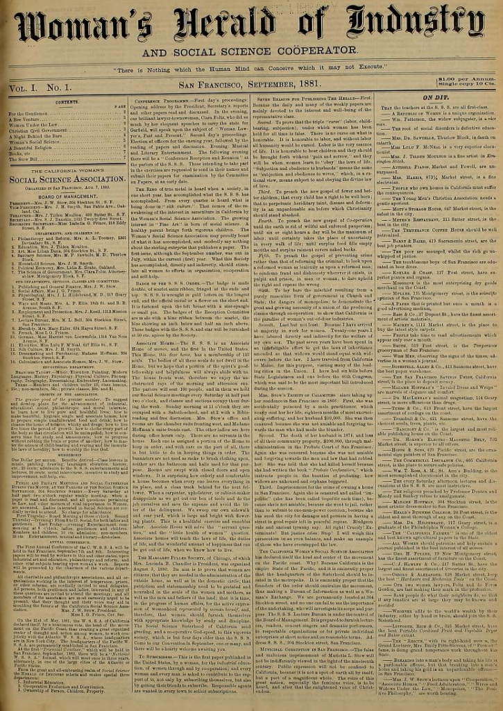 Shows the front page of Volume 1 Issue 1 of the Women's Herald of Industry