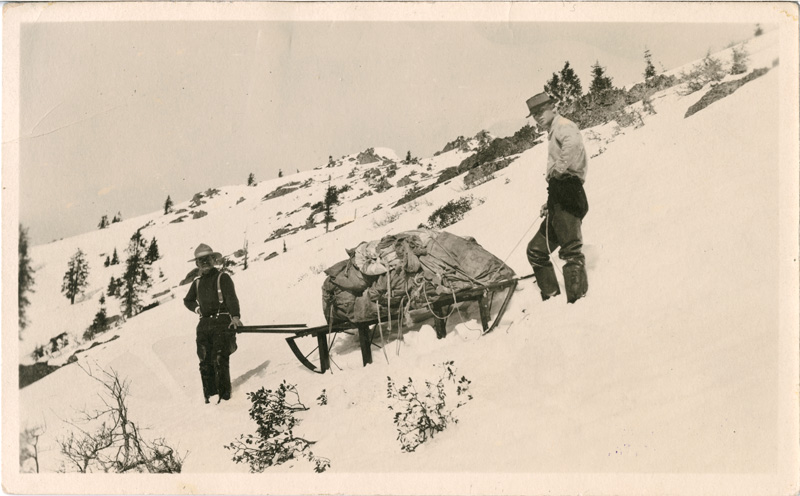 Two men with sled full of books in sacks hike across snowy slope.