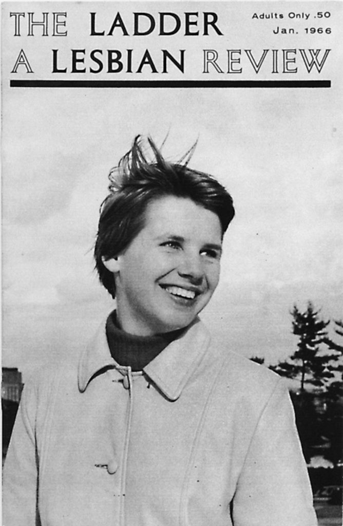 A magazine titled "The Ladder: A Lesbian Review" with a black and white photograph of a smiling woman with short hair wearing a turtleneck and coat on the cover.