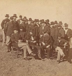 Shows several of the men who led the Modoc War in military uniform