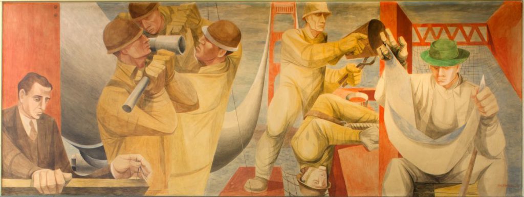 Mural depicts men with machinery working on Golden Gate Bridge. One man holds a blueprint, one man sits at desk.