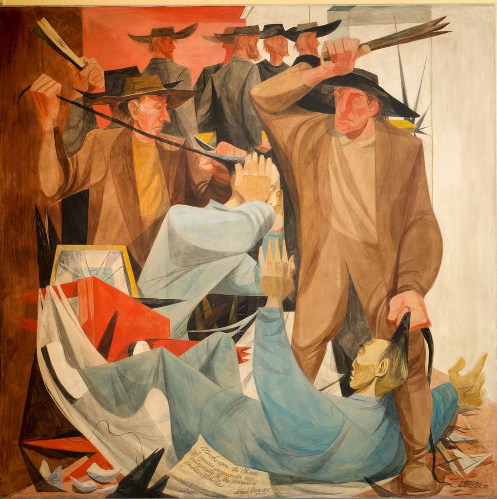 Mural depicts men with clubs beating two Chinese men and pulling their hair (which is in a queue, or traditional style).